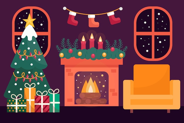 フラットなデザインのクリスマスの暖炉のシーン