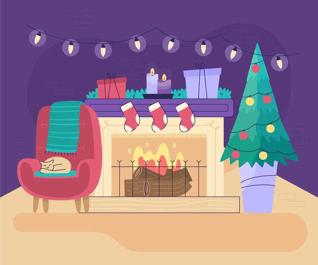 Flat design christmas fireplace scene