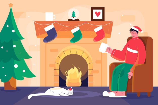 無料ベクター フラットなデザインのクリスマスの暖炉のシーン