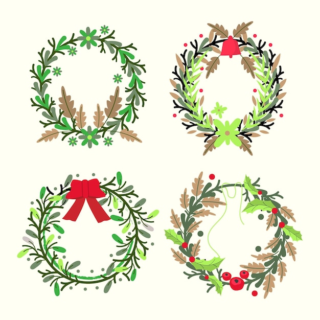 Бесплатное векторное изображение Коллекция рождественских цветов и венков в плоском дизайне