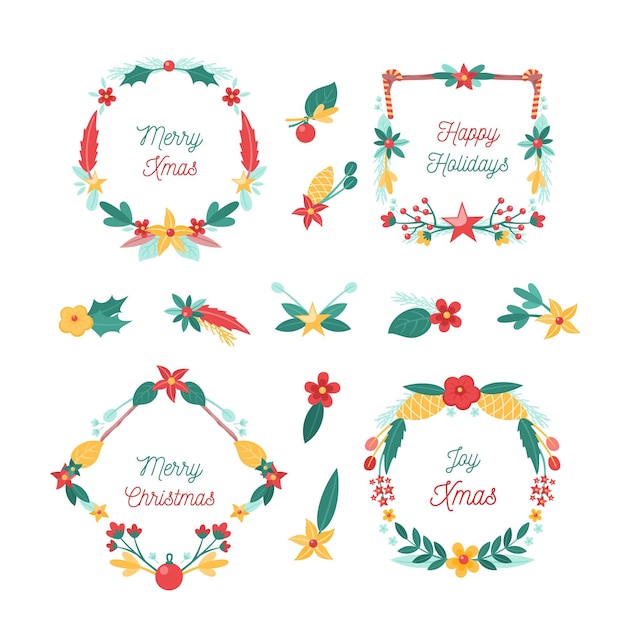 Free vector flat design christmas flower and wreath collection