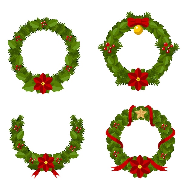 Flat design christmas flower and wreath collection