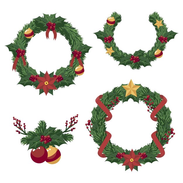 Flat design christmas flower and wreath collection