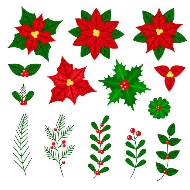 Flat design christmas flower and wreath set