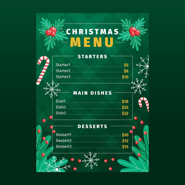 Рождественский шаблон меню в плоском дизайне с венком
