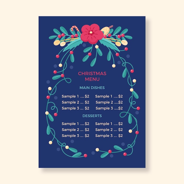 Modello di menu di natale design piatto