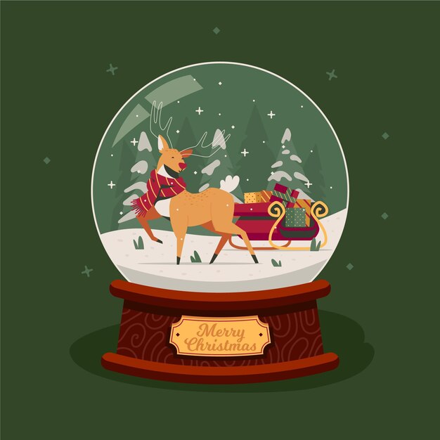 Рождественский снежный шар в плоском дизайне с оленями и санями