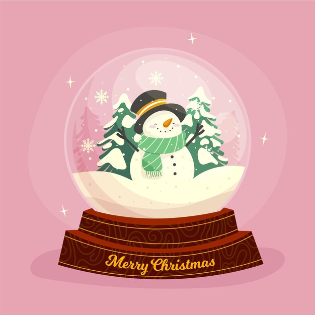 Flat design christmas snowball globe with snowman and trees