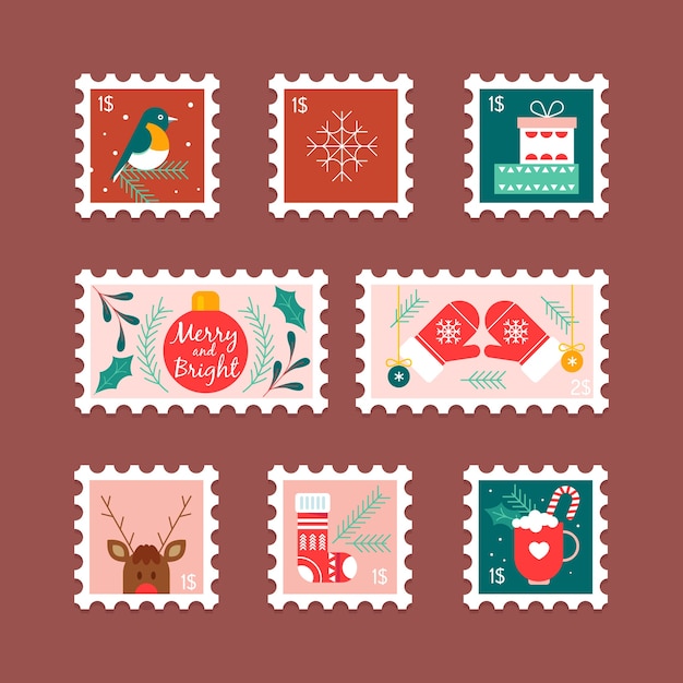 無料ベクター フラットなデザインのクリスマススタンプコレクション