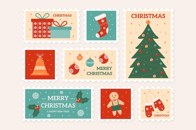Free Vector flat design christmas stamp collection