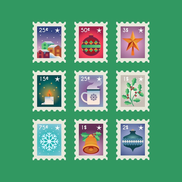 Collezione di francobolli natalizi design piatto