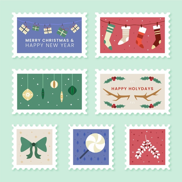 無料ベクター フラットデザインのクリスマス切手コレクション