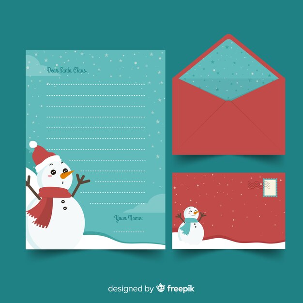 Плоский дизайн рождественские канцелярские шаблон со снеговиком
