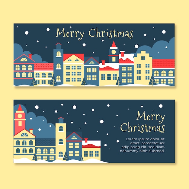 Flat design christmas town banners set