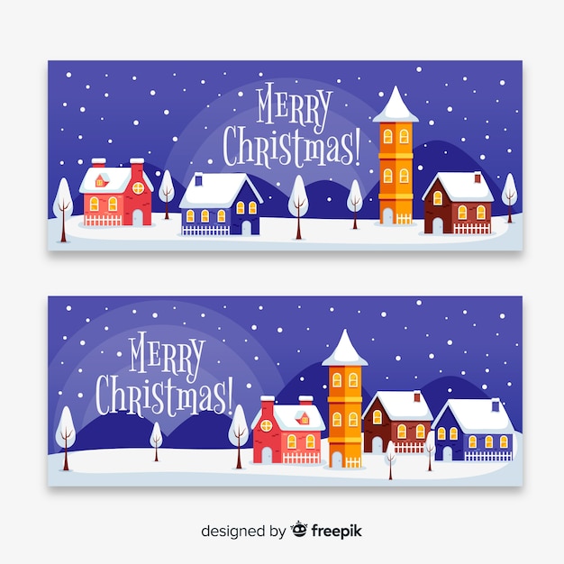 Бесплатное векторное изображение Плоский дизайн рождественских баннеров город шаблон