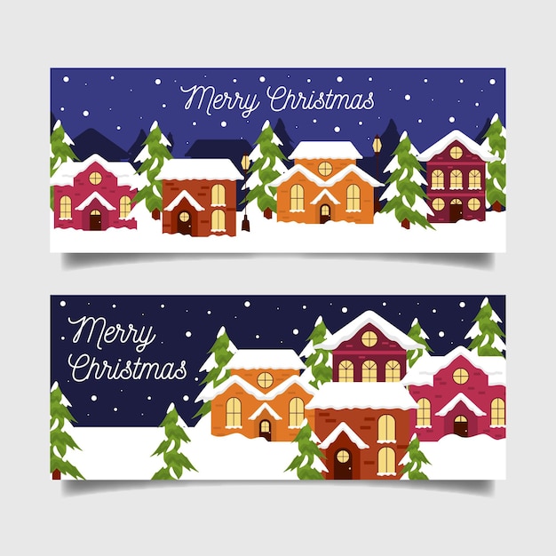 Flat design christmas town banners template