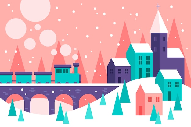 Design piatto città natale e illustrazione dei treni