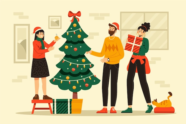 Vettore gratuito illustrazione di scena della decorazione dell'albero di natale di design piatto