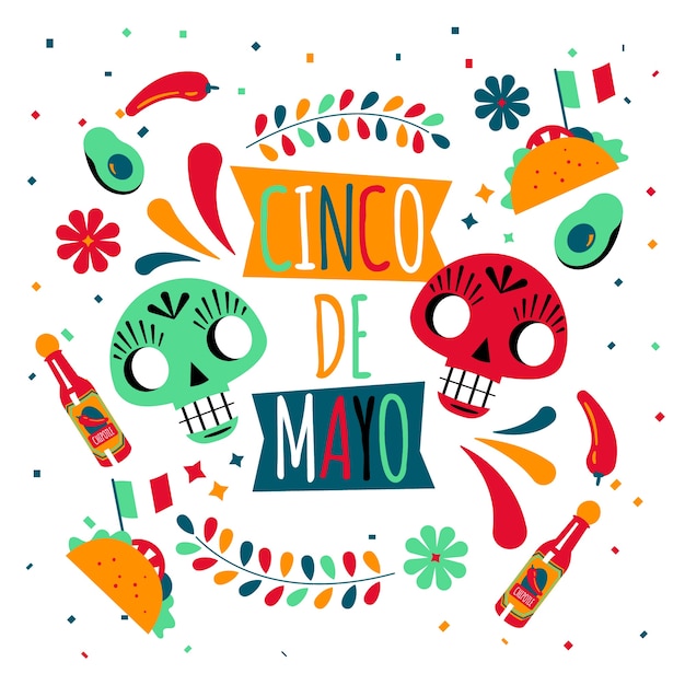 Vettore gratuito design piatto cinco de mayo e teschi