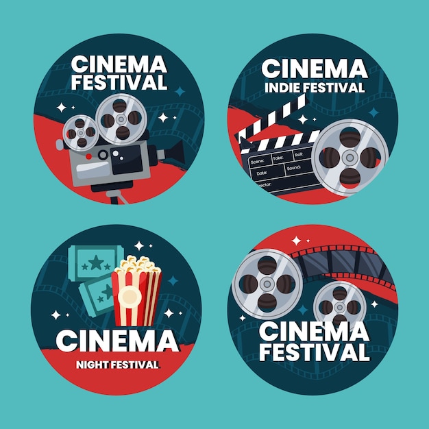 Этикетки фестиваля кино в плоском дизайне