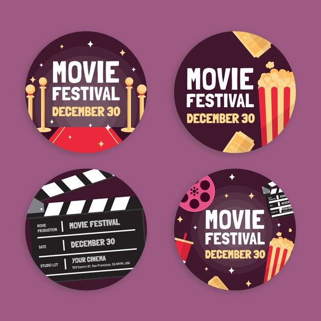 Этикетки фестиваля кино в плоском дизайне