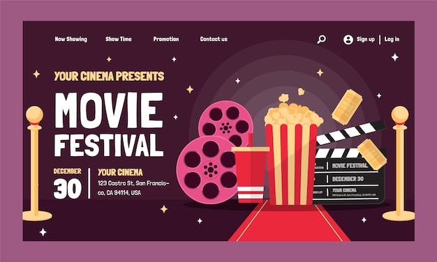 Бесплатное векторное изображение Целевая страница фестиваля кино в плоском дизайне