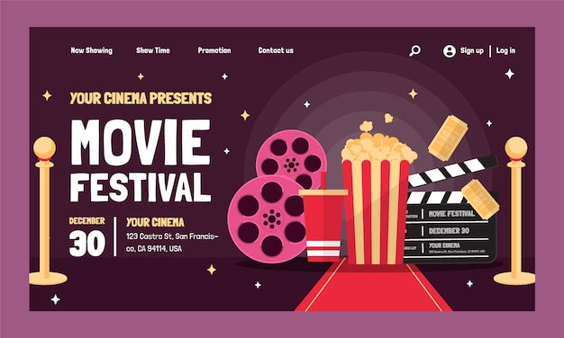 Vettore gratuito pagina di destinazione del festival del cinema dal design piatto