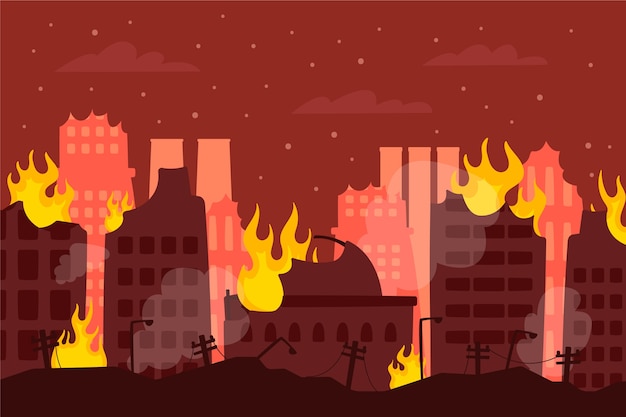 Flat design city on fire background