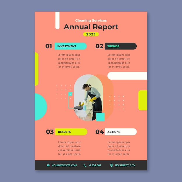 フラットなデザインのクリーニング サービスの年次報告書