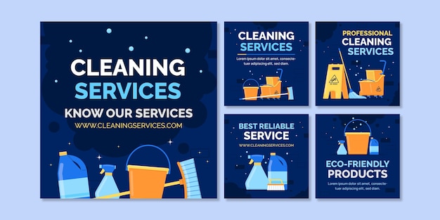 Flat design cleaning services instagram post set