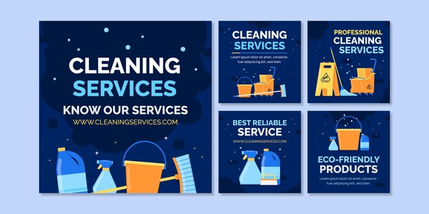 Flat design cleaning services instagram post set