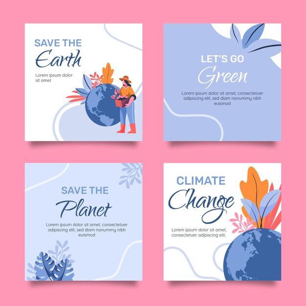 Flat design climate change instagram posts template