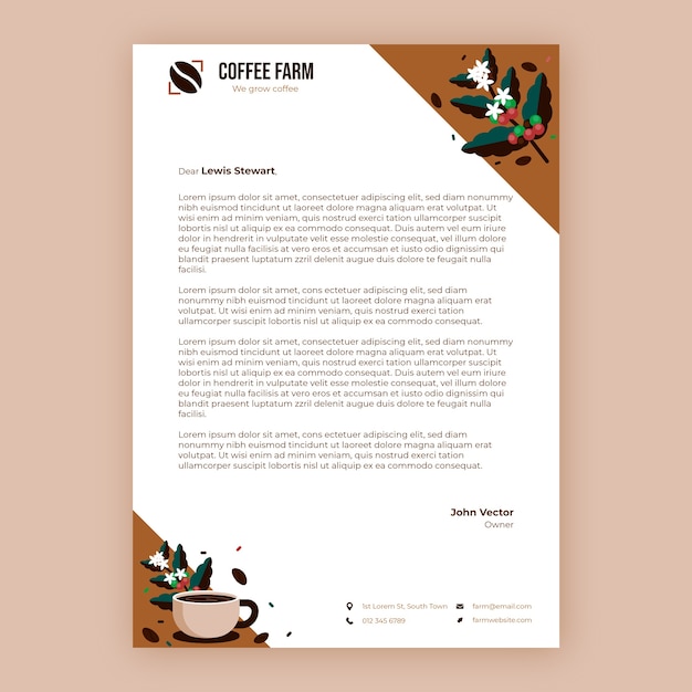 Vettore gratuito modello di carta intestata della piantagione di caffè dal design piatto