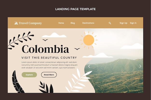 無料ベクター フラットデザインのコロンビア旅行のランディングページ