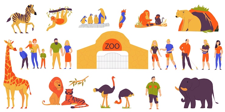無料Vector 動物園の入り口の訪問者とさまざまな動物の分離ベクトル イラスト入りフラットなデザイン カラー