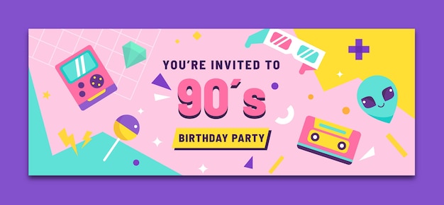 Free vector flat design colorful 90s party  facebook cover