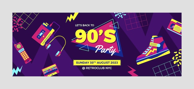 Flat design colorful 90s party  facebook cover