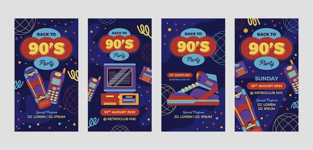 Storie di instagram per feste colorate anni '90 dal design piatto