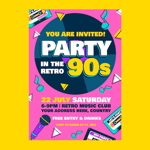 Free vector flat design colorful 90s party invitation