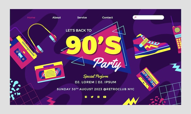 Free vector flat design colorful 90s party landing page