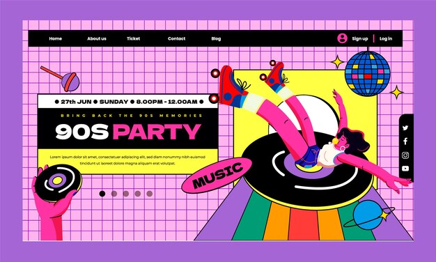 Flat design colorful 90s party landing page