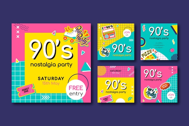 Плоский дизайн красочный шаблон вечеринки 90-х