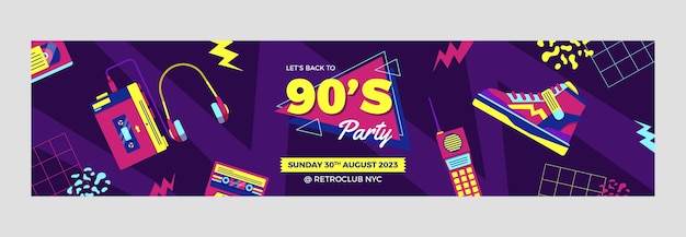 Бесплатное векторное изображение Плоский дизайн красочный баннер 90-х для вечеринки