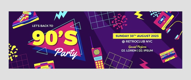 Free vector flat design colorful 90s party twitter header