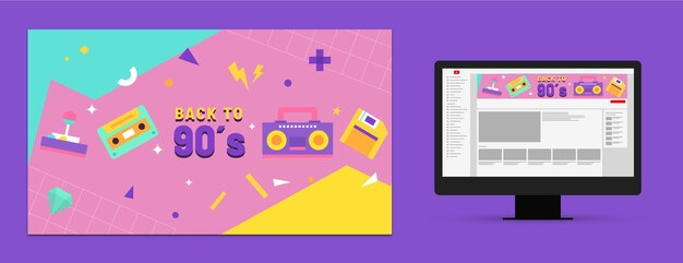フラットなデザインのカラフルな90年代のパーティーのYouTubeチャンネルアート