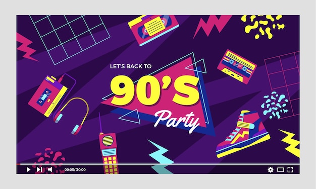 Free vector flat design colorful 90s party  youtube thumbnail