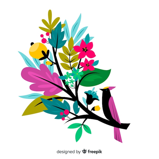 Flat design colorful floral branch with a bird