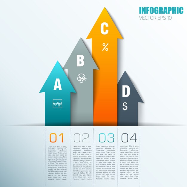 下部と垂直の矢印に番号の付いたテキストサンプルのあるフラットなデザインのカラフルなインフォグラフィック要素