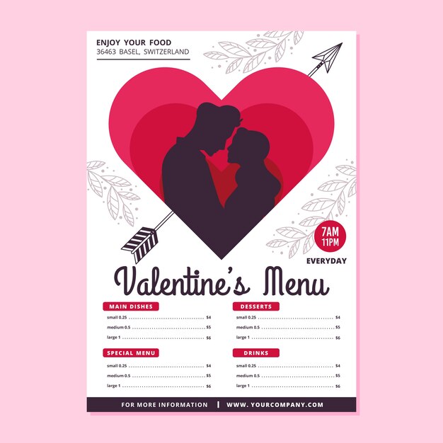 Vettore gratuito concetto di design piatto per menu di san valentino