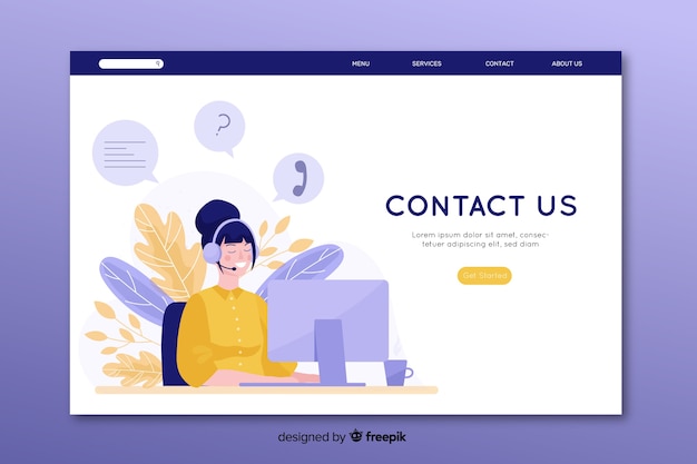 Flat design contact us landing page with operator at desk